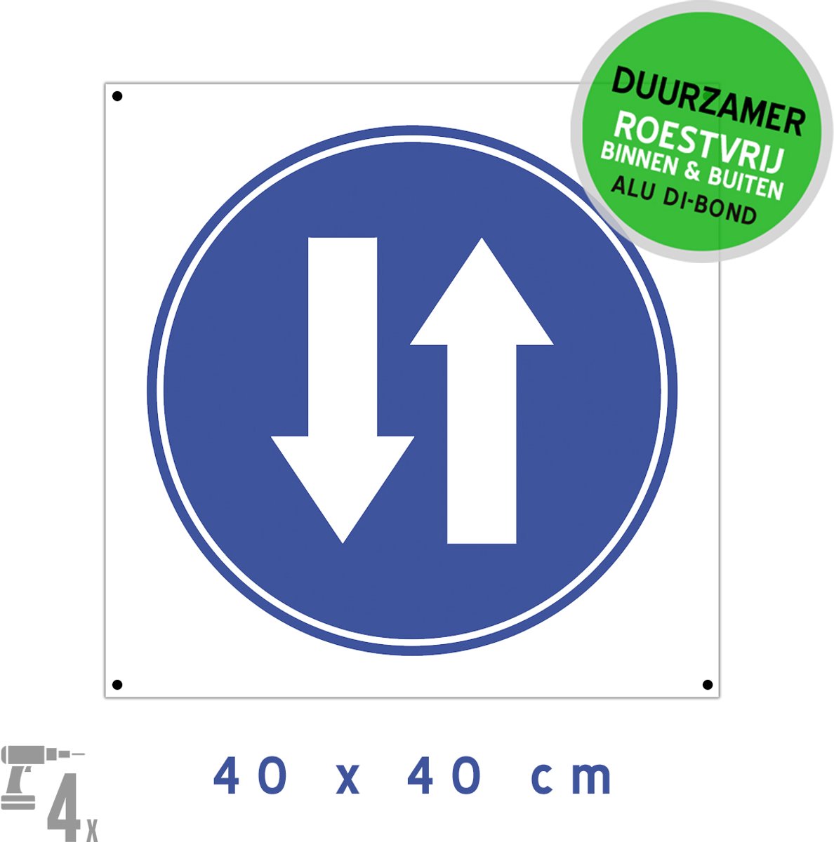 Bord Dibond + boorgaten | Tweerichtingsverkeer | 40 x 40 cm | Pijlen | Blauw | Twee richtingen | Pijl | Verkeersbord | Duurzaam | Sterk materiaal | Metaal | Roestvrij | 1 stuk