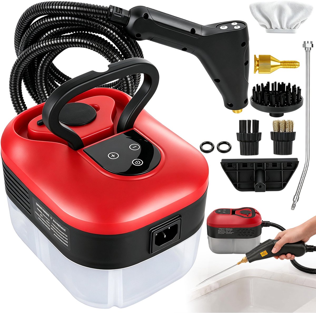 Stoomreiniger 2500W - Draagbare Hogedruk Stoomreiniger - Instelbare Stoom - Met 8 Accessoires & Borstels - Voor Keuken, Badkamer, Tegelvoegen en Auto - Rood