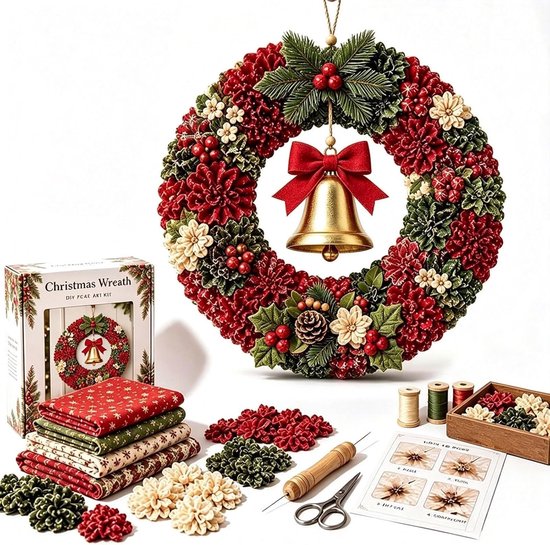 3D Stoffen Kerstkrans DIY Pakket - Complete Set met Alle Benodigdheden - Stijlvolle Wanddecoratie voor de Feestdagen - Creatief & Ontspannend Knutselproject - Incl Instructies - Maak Uw Eigen Unieke Kerstkrans - Stijl G