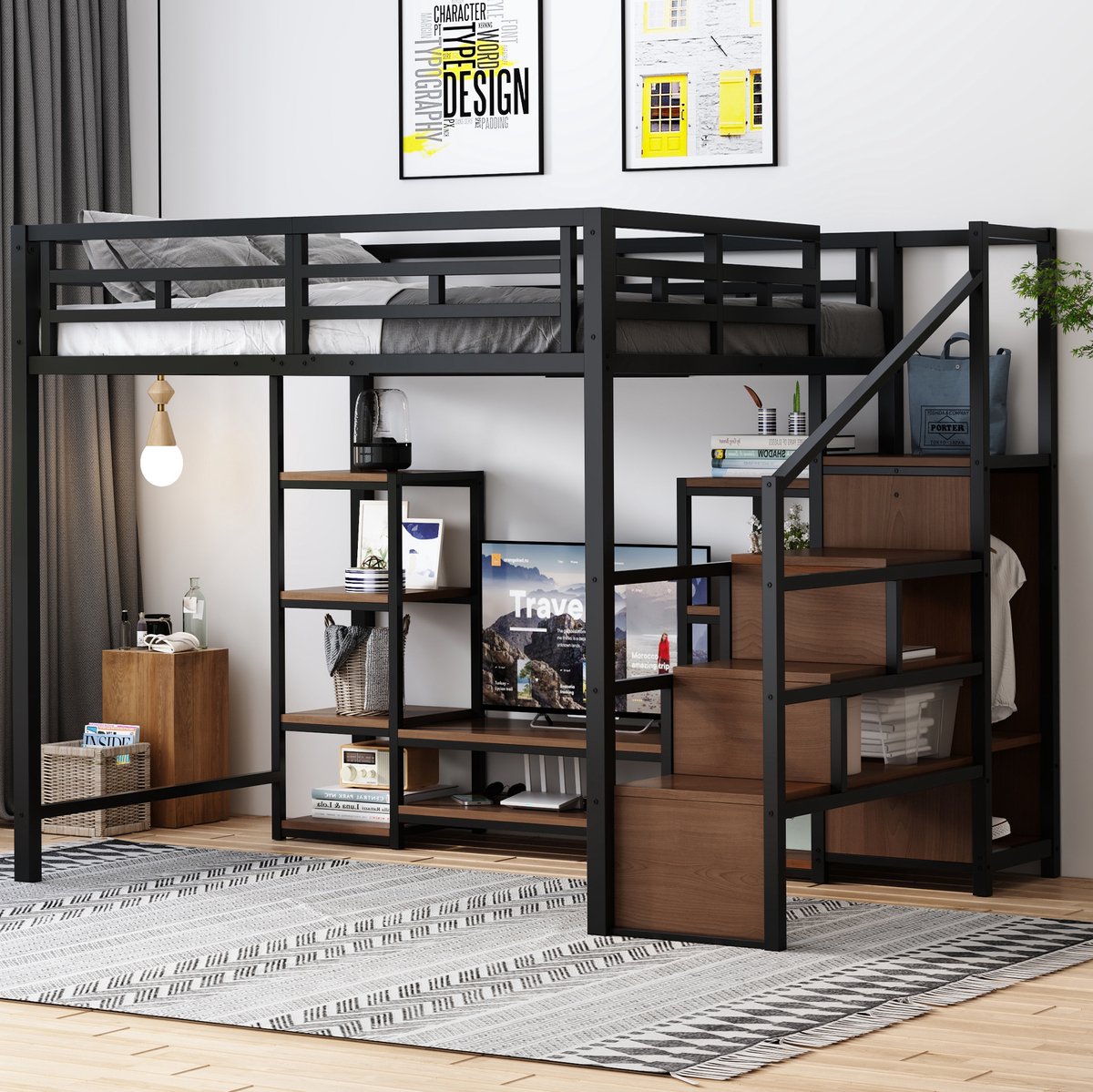 MIVRAY Hoogslaper 140x200 cm - Metaal MDF met Tv Standaard en Stekkerdoos - Met Opbergruimte en Trap - Zonder Matras - Zwart