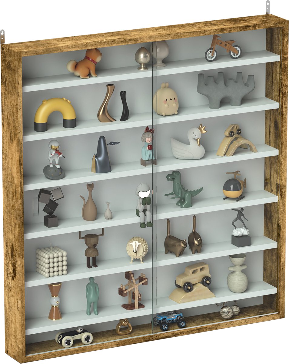 ECTEATOY® Vitrinekast met glas - Wandvitrine met 6 Planken en Glazen Deuren - 80x9,5x83cm - Bruin