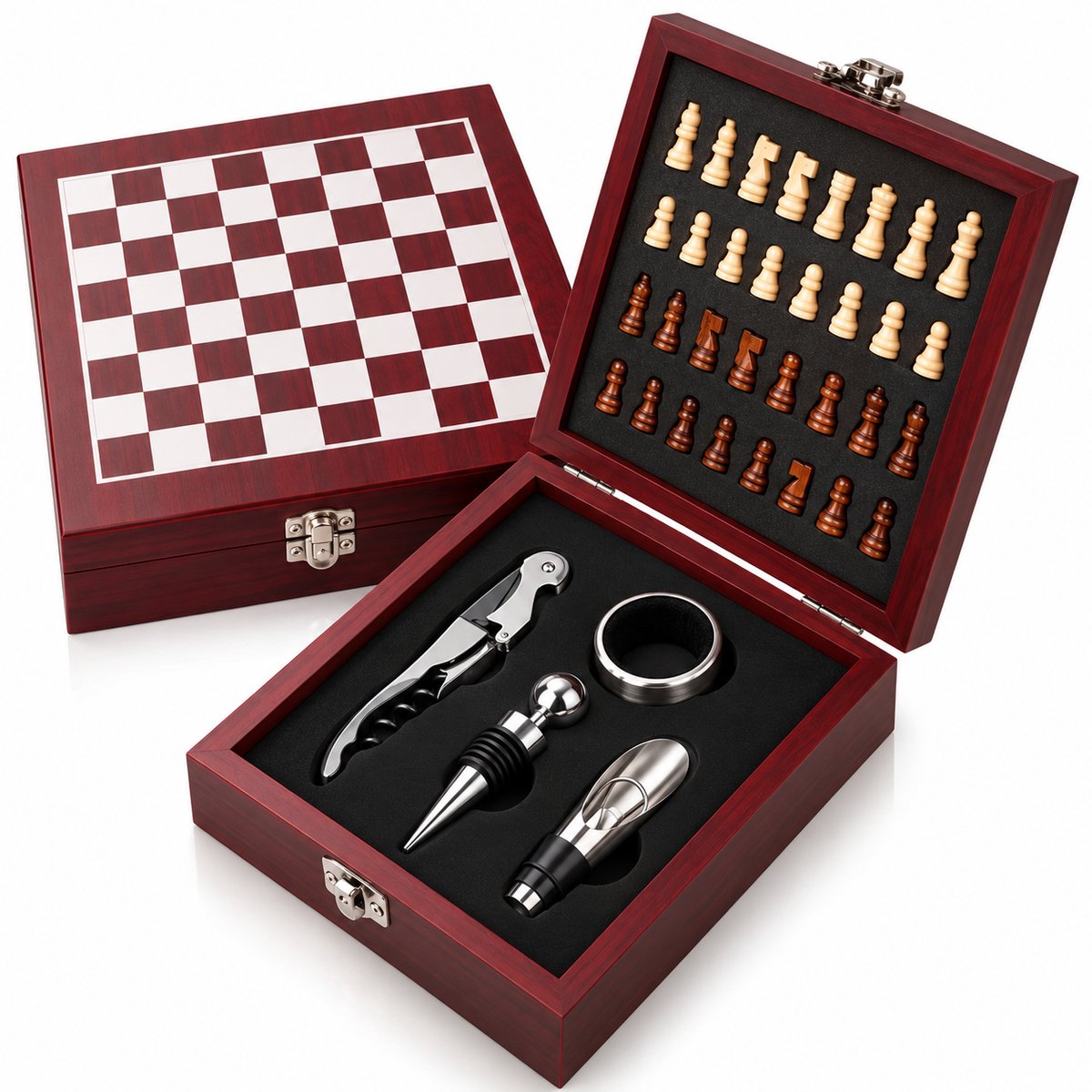 Nina's Giftshop® Luxe Wijnset met Schaakspel – Houten Wijnkist met Wijnaccessoires – 32 Schaakstukken – Cadeau voor Hem & Haar