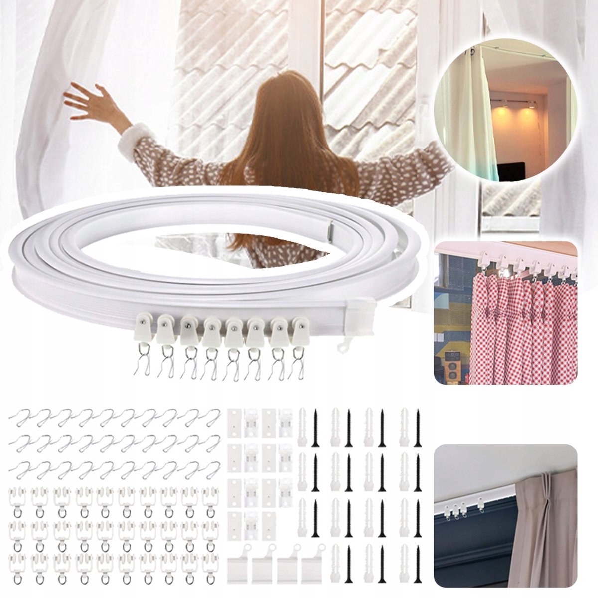 Flexibele Gordijnrail Van 5 Meter Met Plafondmontageaccessoires - Buigbare PVC- En Koolstofstalen Rail Corrosiebestendig Geschikt Voor Zware Stoffen Eenvoudig Te Knippen En Te Verbinden - Voor Thuis, Kantoor En Evenementenachtergronden