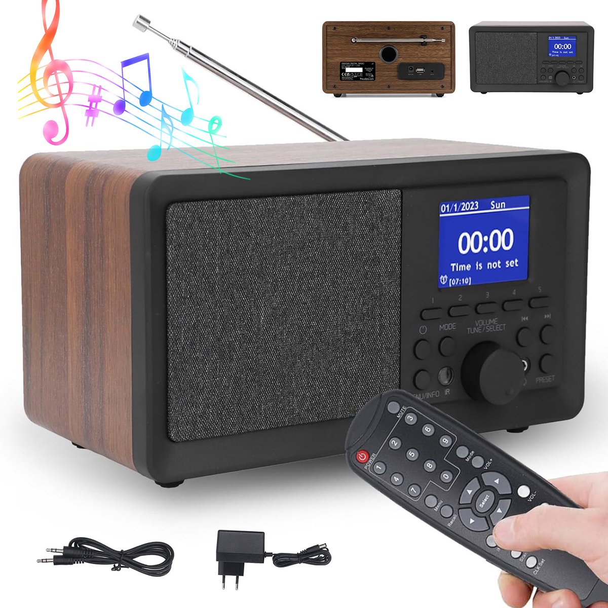 DAB+ Radio - Digitale Radio met Bluetooth 5.0 - DAB/DAB+ & FM Radio - Houten Tafelradio - USB & AUX - Dubbele Wekker - Sleeptimer - Met Afstandsbediening - Voor Thuis