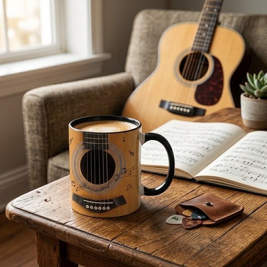 Bruin zwarte mok met gitaar en muzieknoten – keramische koffie mok voor dames en heren – muziek thema met akoestische gitaar print – drinkbeker voor warme en koude dranken – cadeau voor muziekliefhebbers – 1 stuk