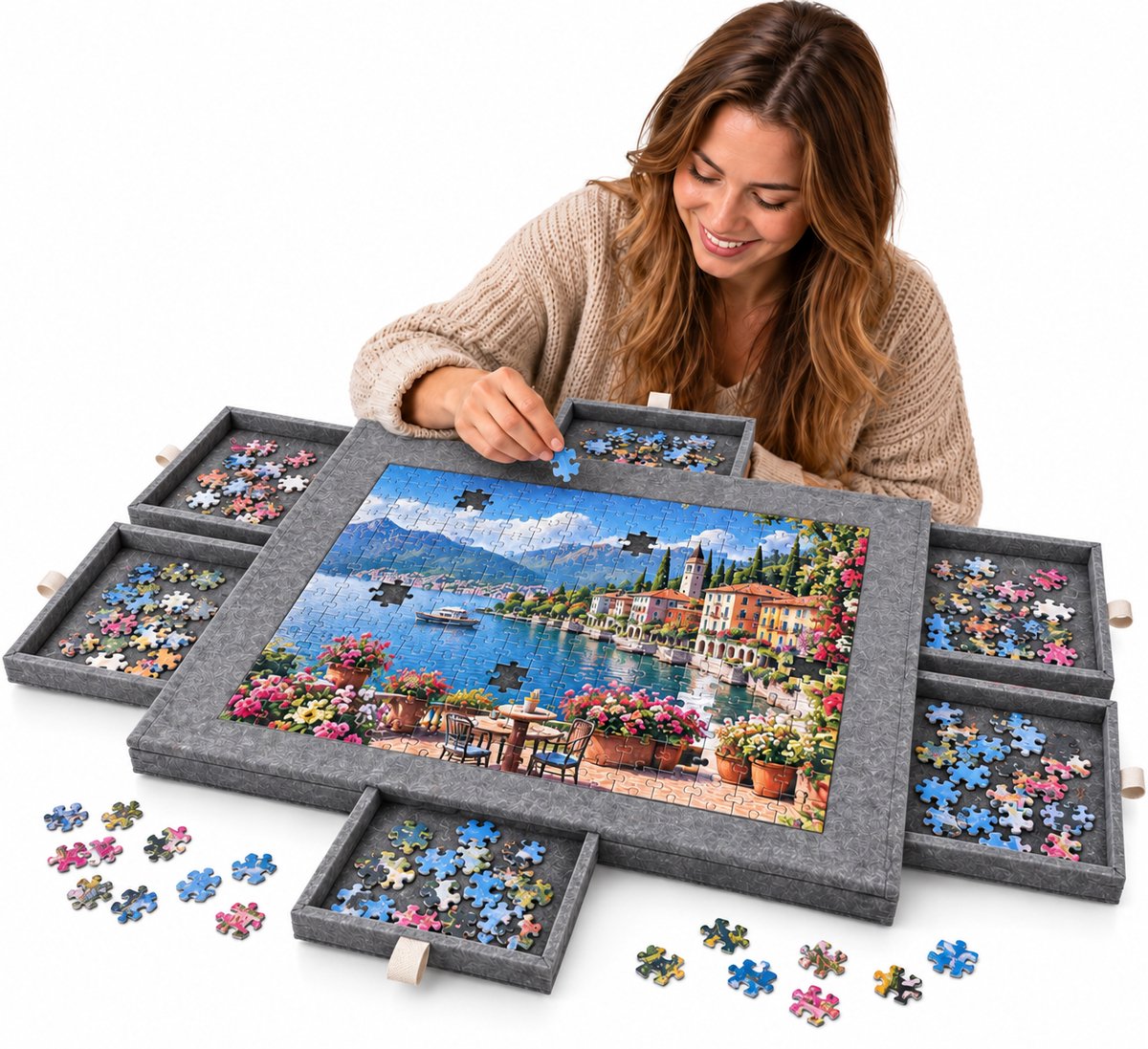 Currero Puzzeltafel Met Lades 1000 Stukjes - Puzzelbord - Puzzelmat - Opbergsysteem - Vilt - Met Deksel - Legpuzzel Accessoires - 1000 Pcs Grijs