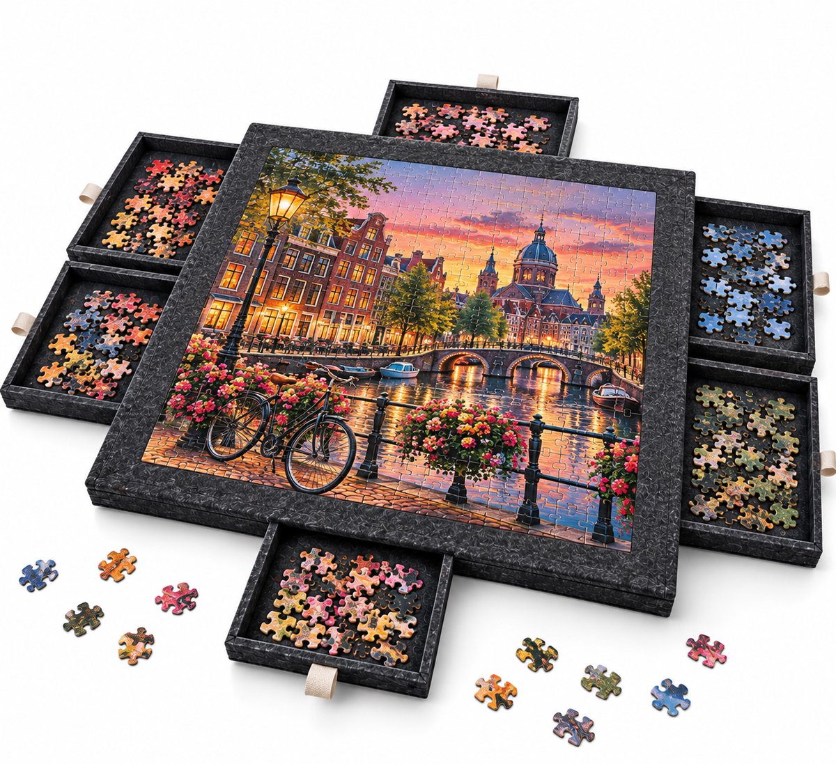 Currero Puzzeltafel Met Lades 1000 Stukjes - Puzzelbord - Puzzelmat - Opbergsysteem - Vilt - Met Deksel - Legpuzzel Accessoires - 1000 Pcs Zwart