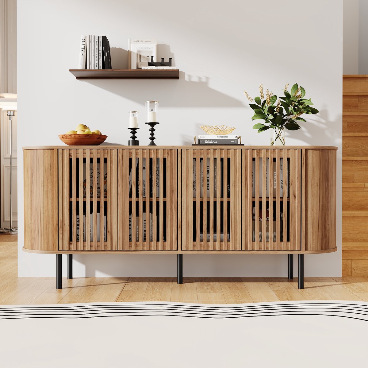 REDOM - Dressoir - Vier geperforeerde schuifdeuren - Verstelbare legplanken - Zacht sluitende deuren - MDF met metalen poten - Natuurlijke houtkleur - 160 x 40 x 70 cm