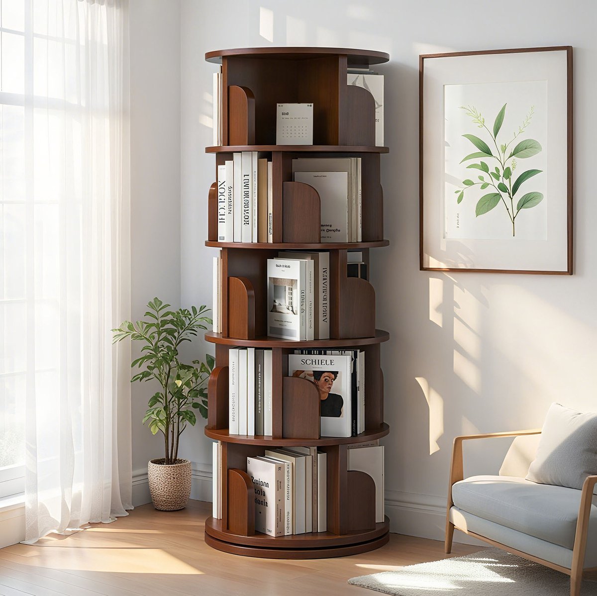Boekenkast – 46 x 46 x 157 cm – 360 Graden Draaibaar – MDF – Walnootkleur – 5 Niveaus – Open Kast