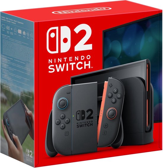 Doos van de Nintendo Switch 2 met een console en controllers, met het Nintendo-logo.
