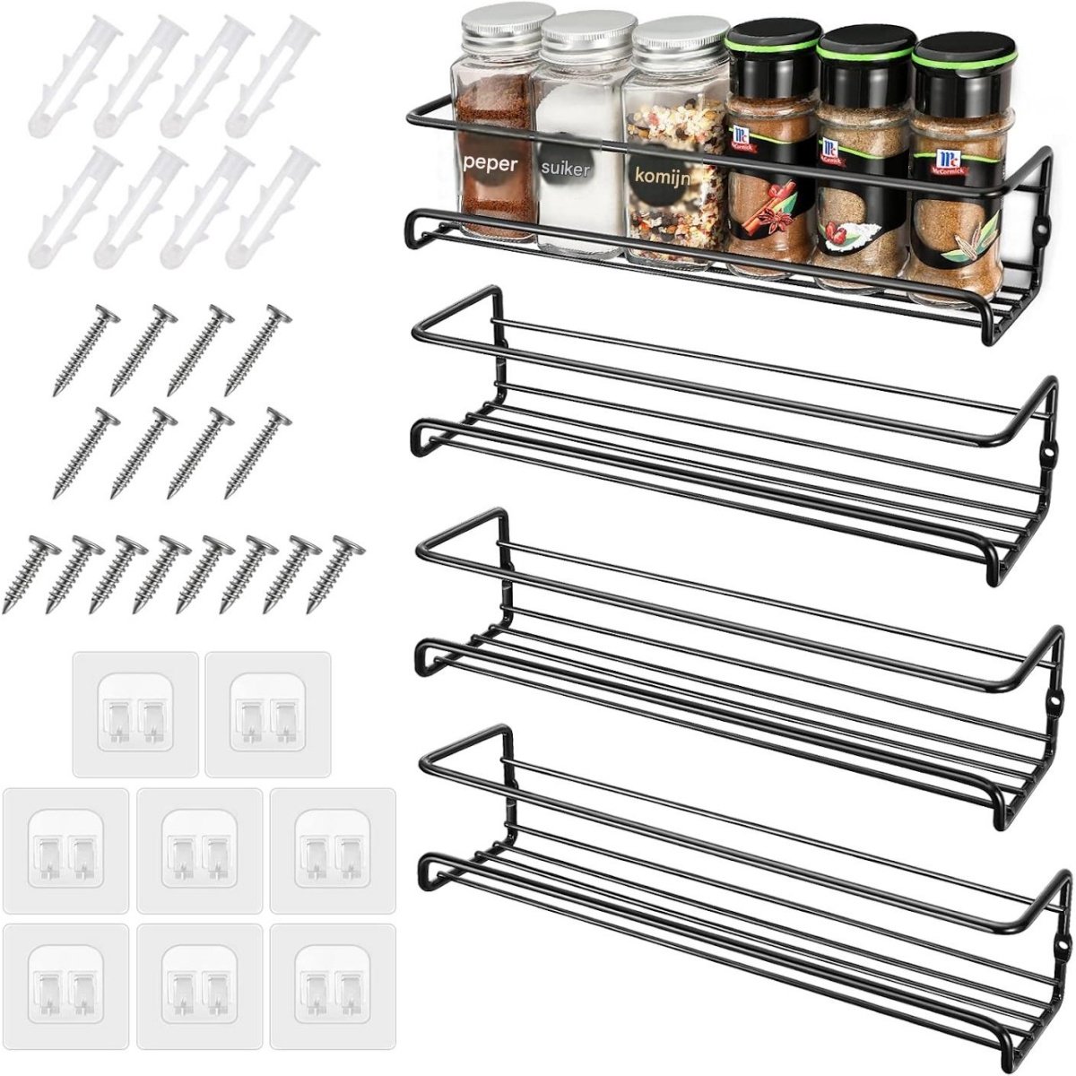 SSTRWGOOD Wandgemonteerd metalen kruidenrek - 4-delige set - Geen boren nodig - Kruidenrek geschikt voor keukenkastdeuren - Inclusief 8 zelfklevende haken en schroeven - Zwart - 29 x 6,8 x 6,5 cm