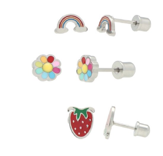 Ensemble de trois paires de boucles d'oreilles pour enfants : boucles d'oreilles arc-en-ciel, fleur et fraise argentées.