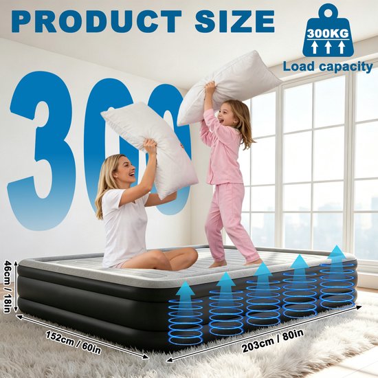 Luchtmatras, zelfopblazend, opblaasbaar matras met ingebouwde elektrische luchtpomp en tas, snel opblazen, logeerbed voor 2 personen, 195 x 152 x 46 cm — afbeelding 4