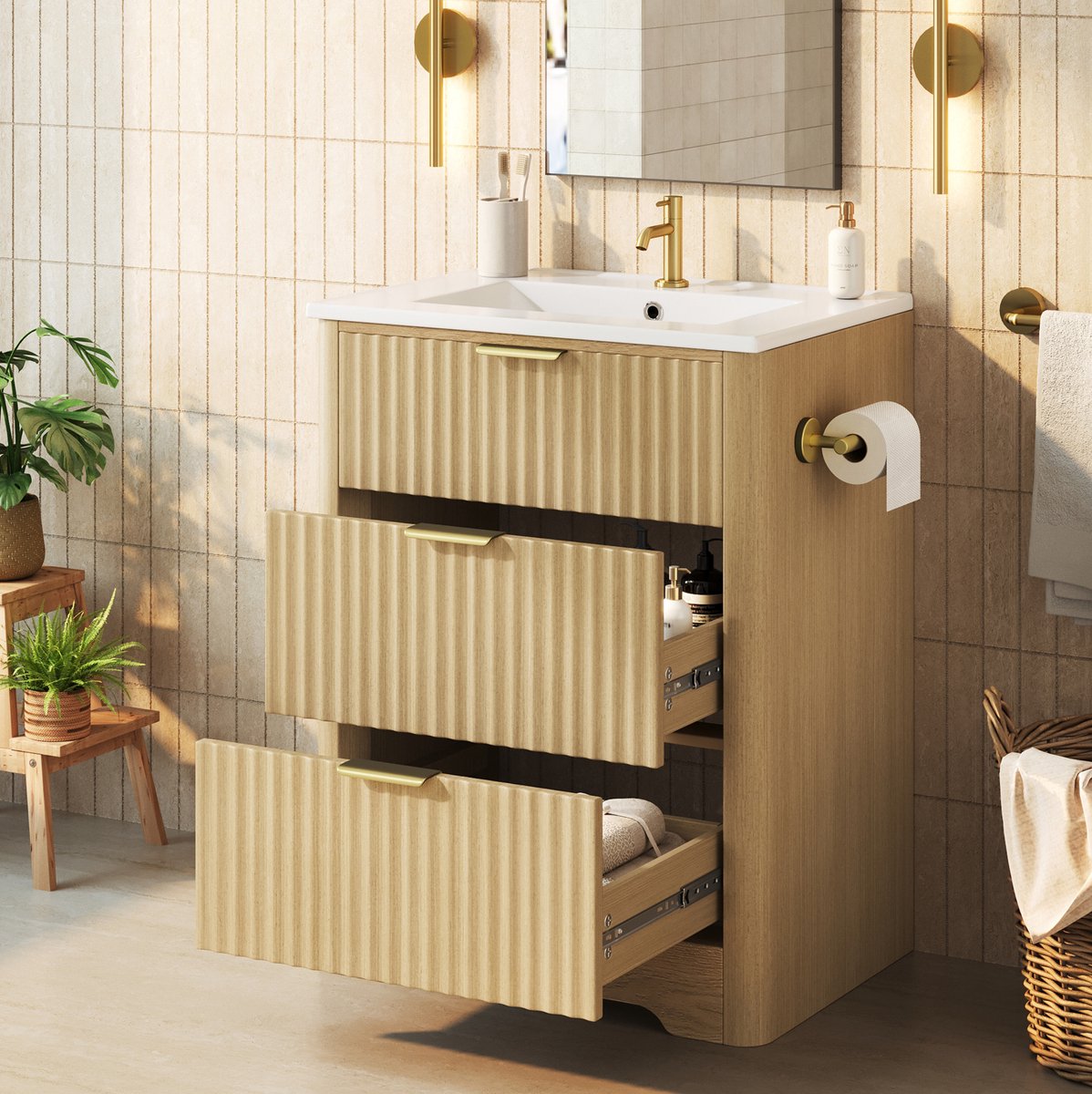 DESMIU Badkamermeubel - Vrijstaand Met Keramische Wastafel En Twee Laden - Voor Badkamer En Gastentoilet - MDF - 61x47x82 Cm - Natuurlijk Hout