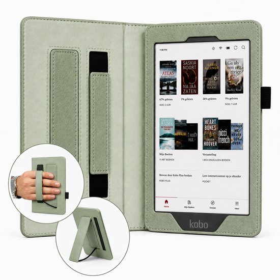 Groene e-reader hoes open, met e-reader, met inzetstukken van de achterkant en standaard.
