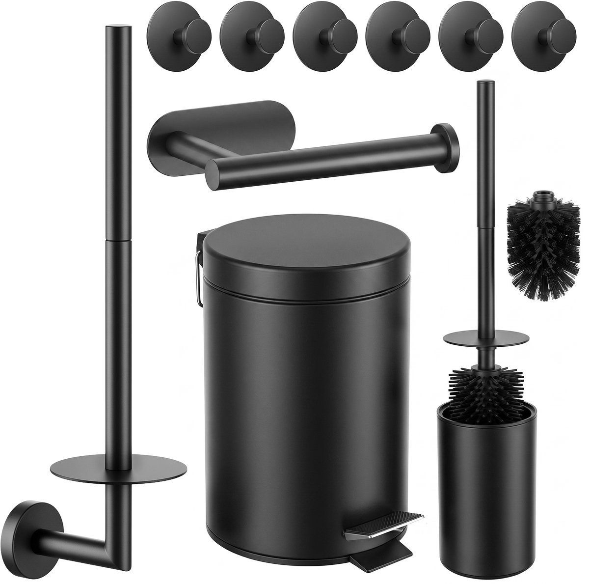 Toiletset Zwart 5-Delig - Zelfklevende Reserverolhouder & Hangende Reserverolhouder voor 3 Rollen - Toiletborstelhouder, Pedaalemmer en Handdoekhaakjes - Toiletaccessoireset