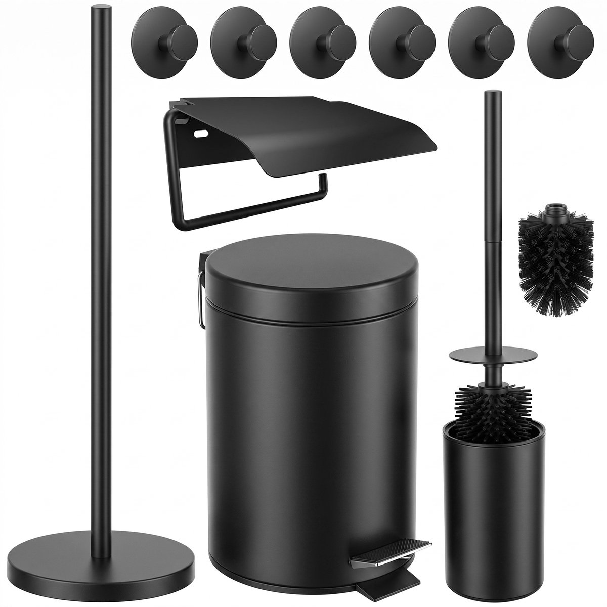 Toiletset Zwart 5-Delig - Reserverolhouder met Klepje & Vrijstaande Toiletrolhouder voor 5 Rollen - Toiletborstelhouder, Pedaalemmer en Handdoekhaakjes - Toiletaccessoireset