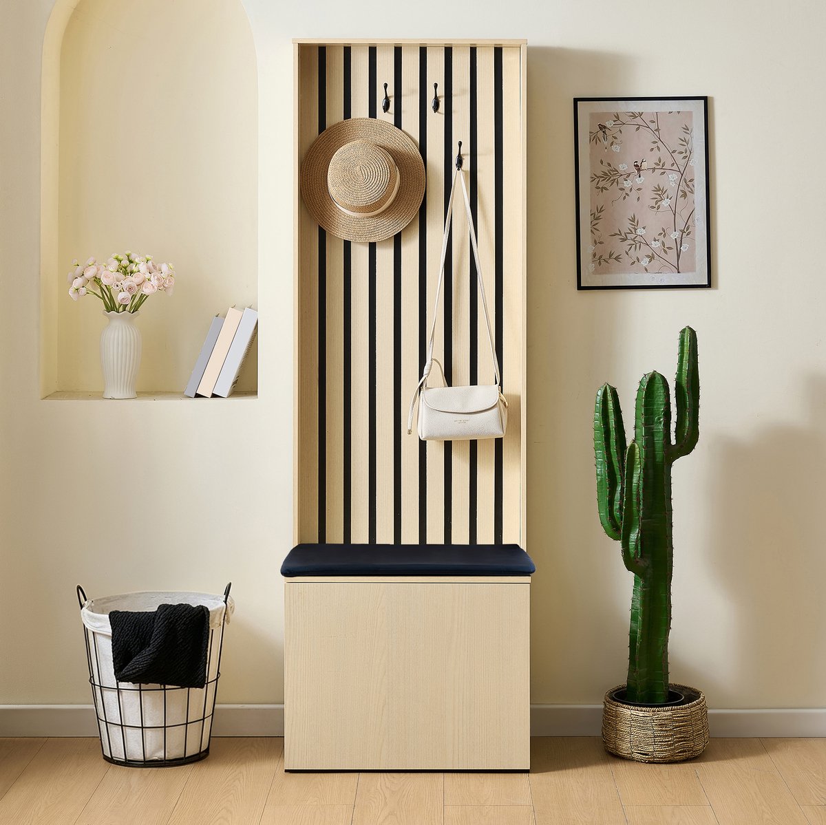 DESMIU Schoenenkast Met Zitbank - Schoenopberging En 4 Haken Voor Hal En Slaapkamer - MDF - 61x35x179,5 Cm - Houtkleur