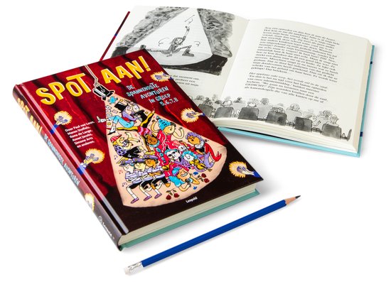 Boekomslag 'Spot aan! De spannendste avonturen in groep 5,6,7,8' met kleurrijke illustratie van kinderen in een schijnwerper, onder een podiumdoek.