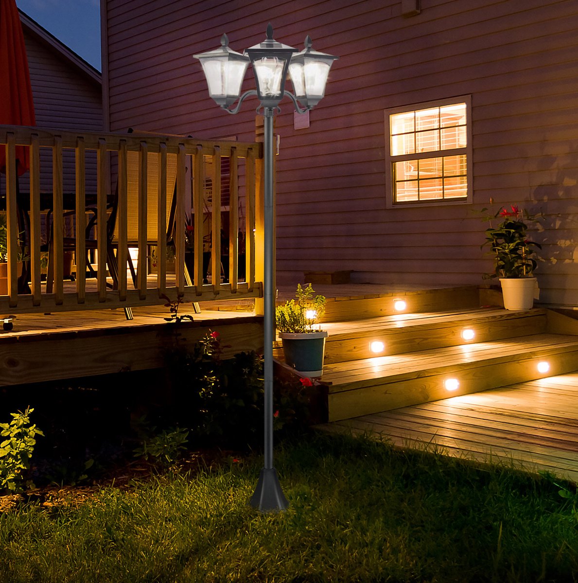 MODFU - Lantaarnpaal - Zonne-Energie - 3 Lichtpunten - LED - Buiten - RVS - Zwart - 182,5 Cm