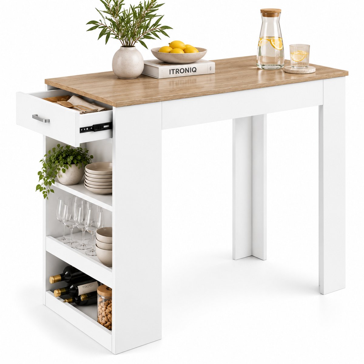 ITRONIQ Bartafel Met Opbergruimte - 100x50x100 CM - Keukeneiland - Met Lade Wijnrek en Planken - Bistrotafel Keuken - Wit Hout