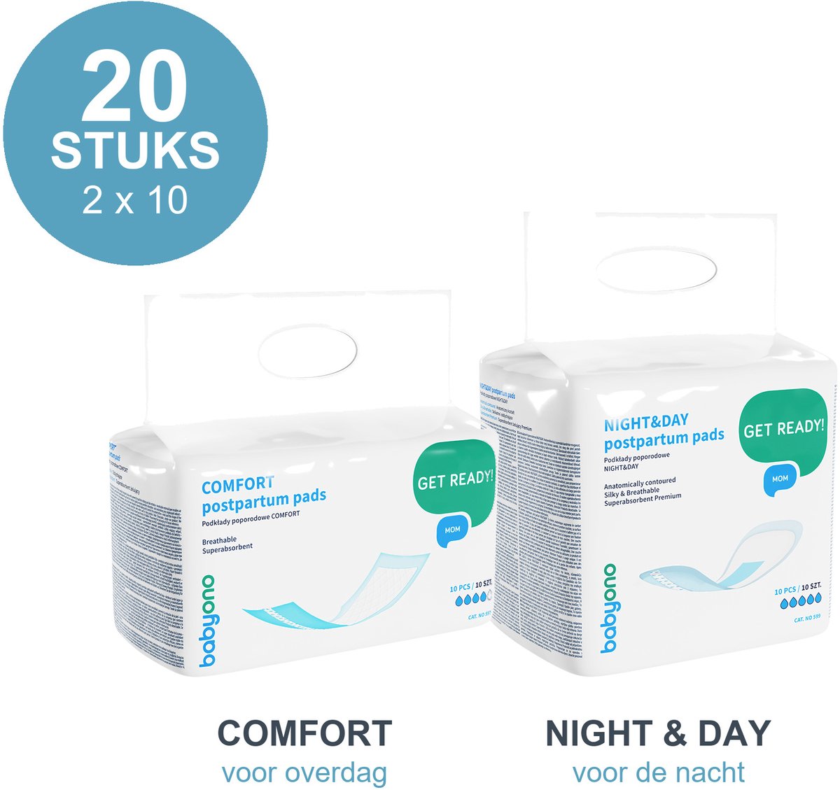 Babyono Kraamverband Dag & Nacht Pakket - 20 Stuks (10x Comfort + 10x Night & Day) - Postpartum Maandverband voor na de Bevalling - Superabsorberend - Extra Absorptie voor de Nacht