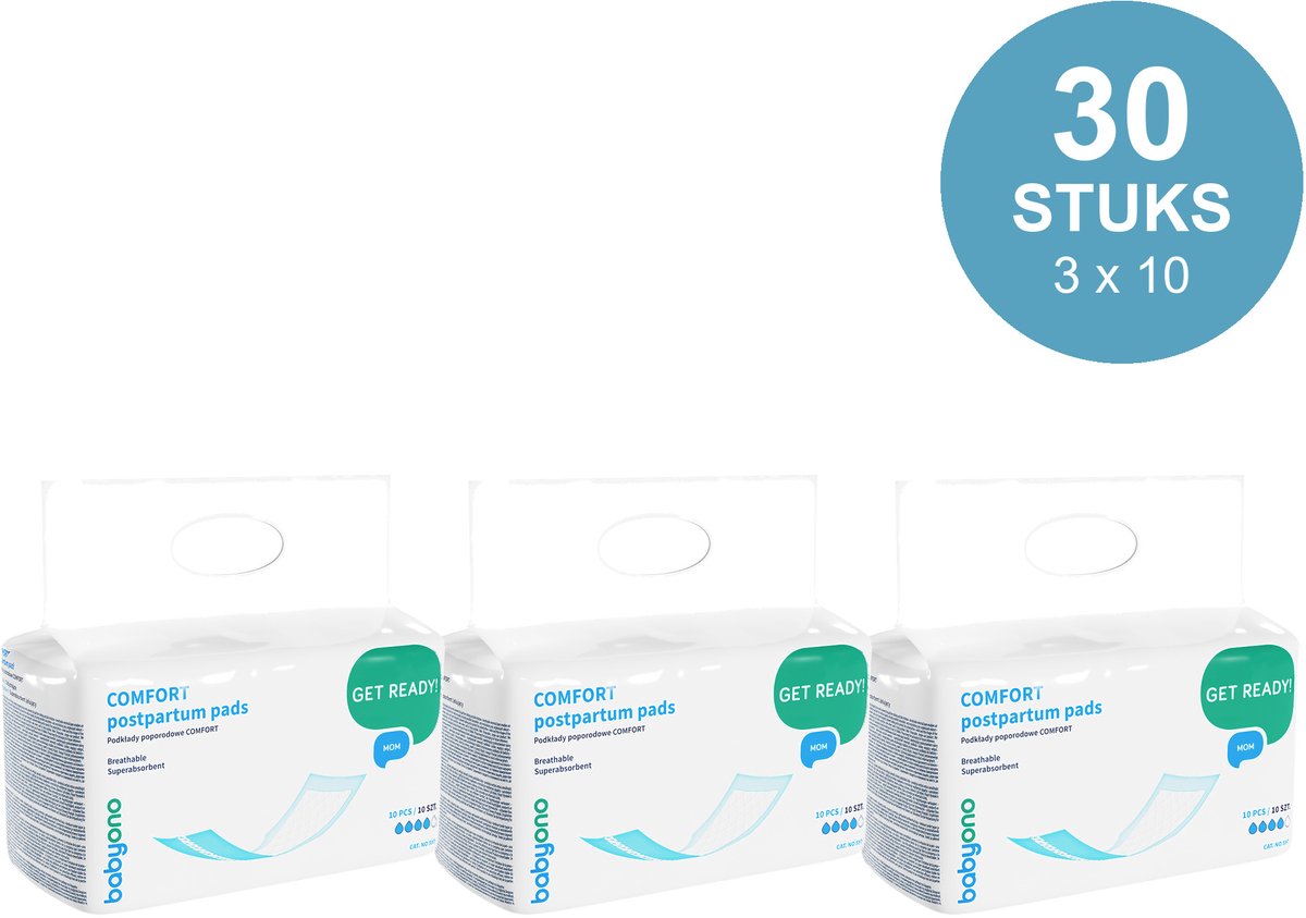 Babyono Kraamverband Comfort - Voordeelverpakking 30 Stuks (3 x 10) - Postpartum Maandverband voor na de Bevalling - Superabsorberend en Ademend - Anatomische Vorm met Plakstrip