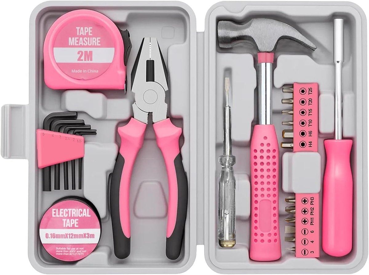 24-delige handgereedschapset voor thuis met opbergkoffer, doe-het-zelf reparaties (roze)