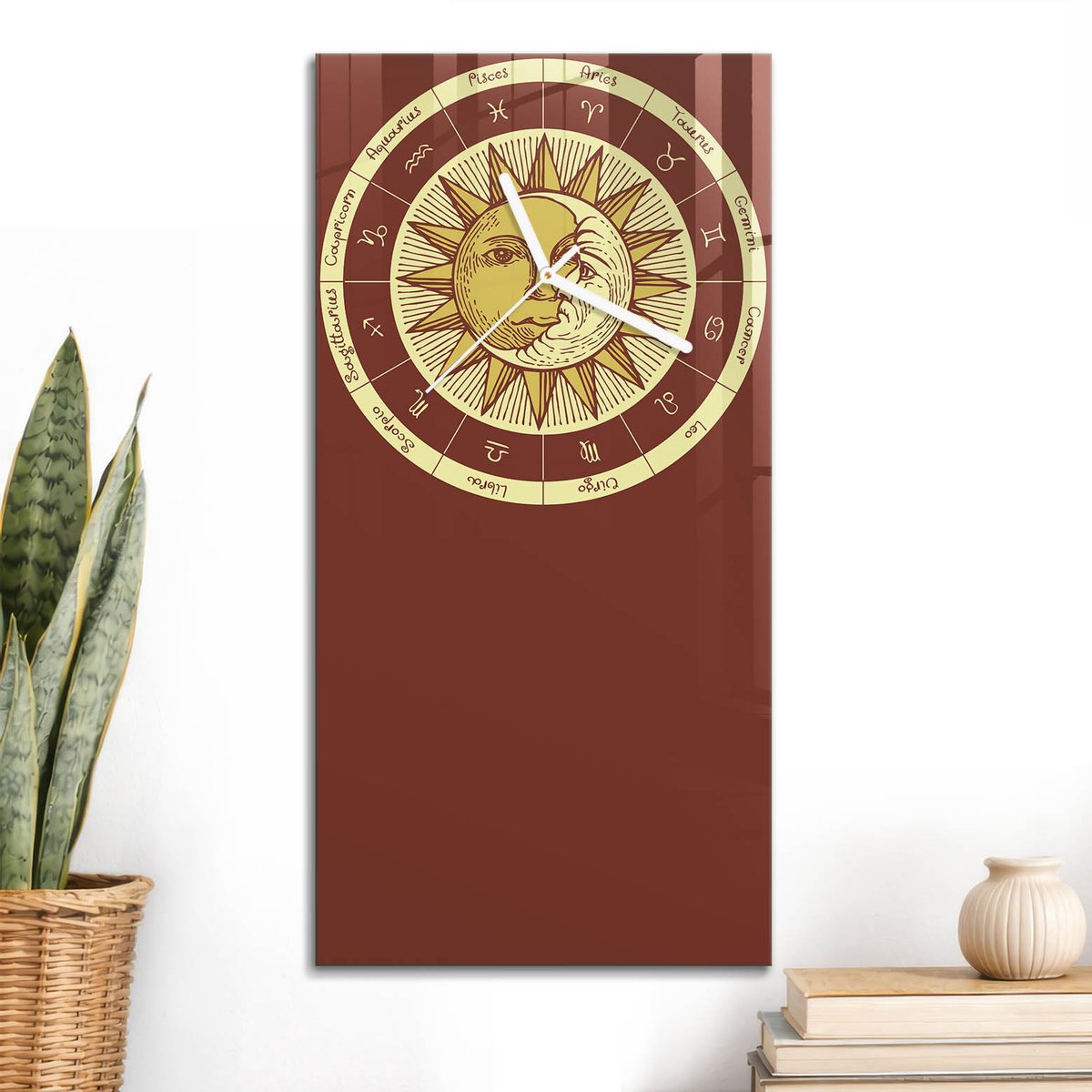 ArtPrintCave Rood Glazen Klok - 30x60 cm - Rechthoekige Wandklok - Dierenriem Astrologie Stille Wandklok - Natuur Wandklok Keuken - Witte Klokwijzers