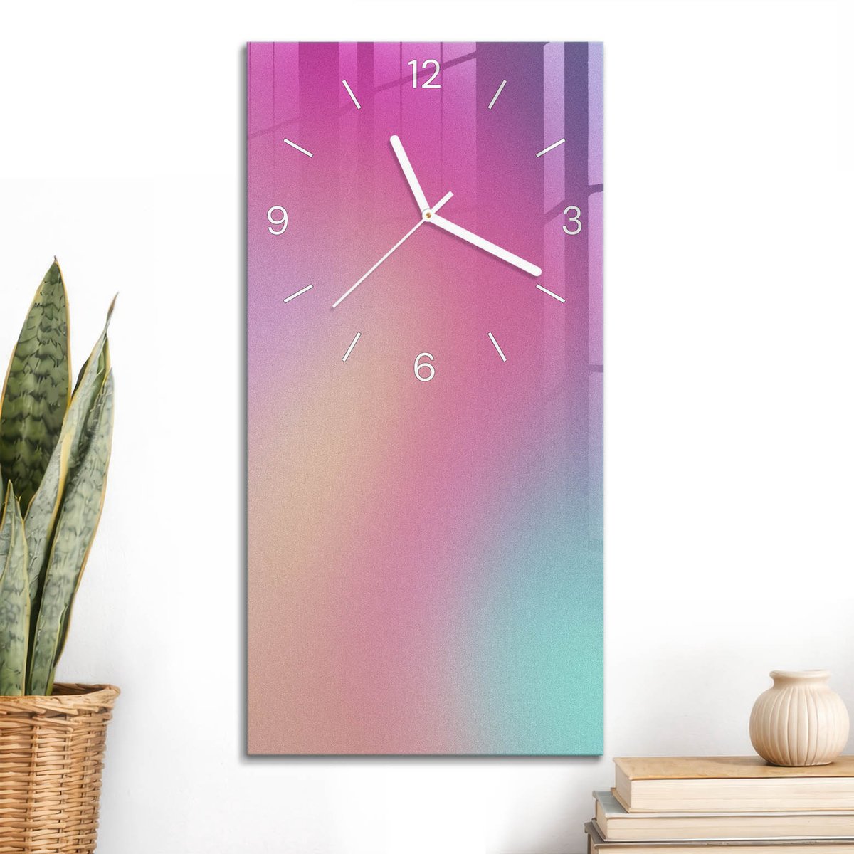 ArtPrintCave Roze Glazen Klok - 30x60 cm - Rechthoekige Wandklok - Pastelkleurige Overgang Unieke Klok - Abstractie Stille Wandklok - Witte Klokwijzers
