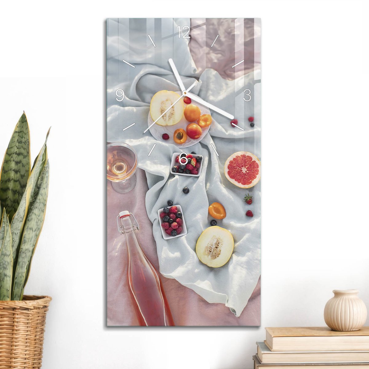 ArtPrintCave Romig Glazen Klok - 30x60 cm - Rechthoekige Wandklok - Zomerpicknick Stille Wandklok - Kunst Wandklok Keuken - Witte Klokwijzers
