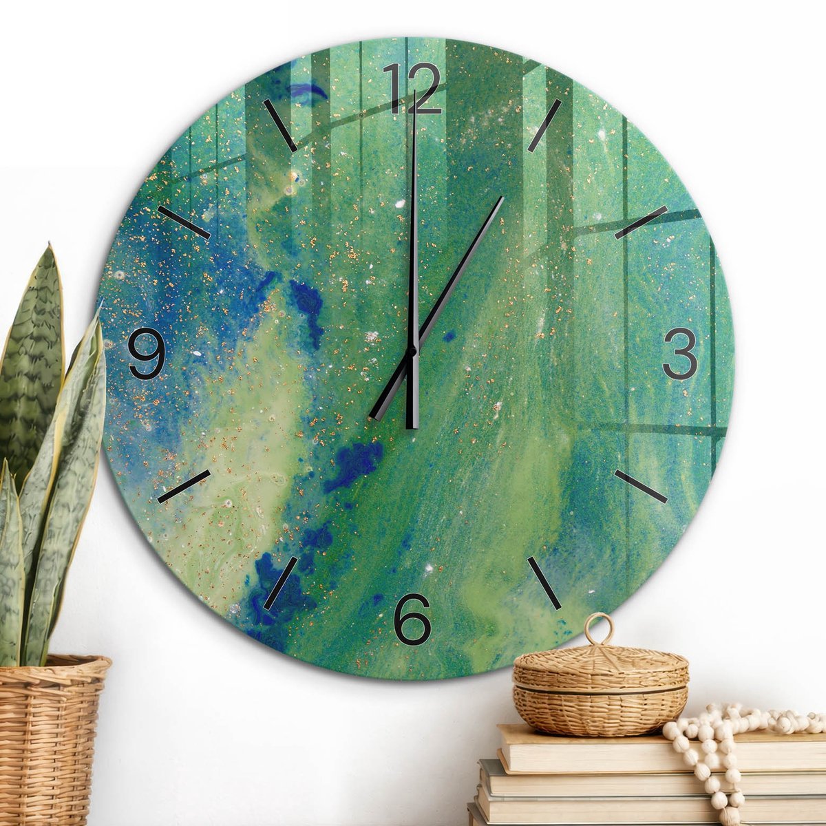 ArtPrintCave Groene Glazen Klok - Wandklok 60 cm - Muurklok Rond - Groene Vortex Wandklok Keuken - Kosmos Unieke Klok - Zwarte Klokwijzers