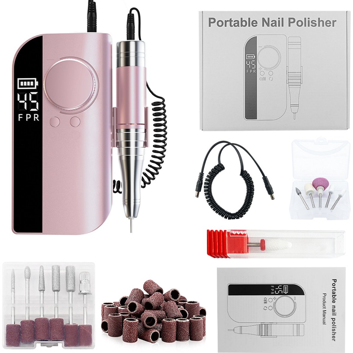 Draadloze elektrische nagelfrees, professionele oplaadbare nagelvijl, geschikt voor acrylnagels en gelnagellak, draagbare salonnagelset, voor thuisgebruik (roze).