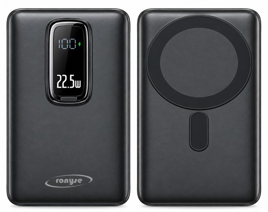 Zwarte powerbank met MagSafe-compatibele magnetische oplader en 22,5W snellaad display. Logo 'ronyse' onderaan.