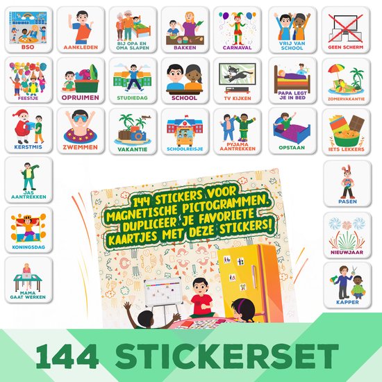 144 autocollants magnétiques pictogrammes, représentant des enfants et des activités telles que l'école, les fêtes et les vacances.