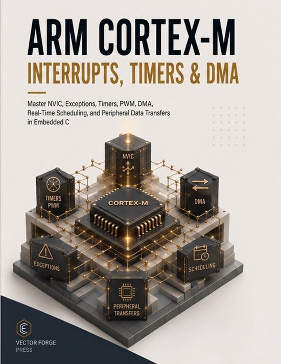Couverture du livre "ARM Cortex-M Interrupts, Timers & DMA" avec une illustration 3D d'une puce informatique avec "CORTEX-M". Autour de la puce, six modules sont placés avec des textes tels que "NVIC", "TIMERS PWM" et "DMA".
