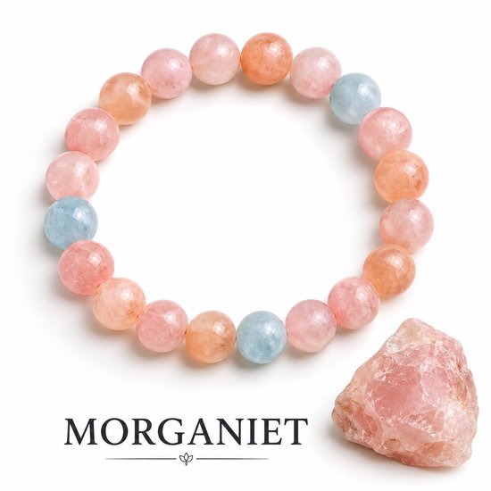 Armband van ronde, facetgeslepen morganiet en aquamarijn kralen in pastel roze, perzik en lichtblauw.