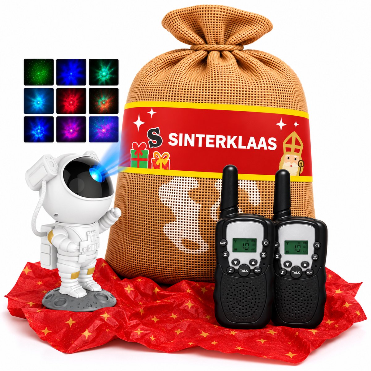 Sinterklaas Zak + Cadeautjes Kind Cadeau - Walkie Talkie Set - Jongens & Meisjes & Astronaut Galaxy Projector - Sterrenhemel - Sterrenlamp - Kinderen - Cadeau Kind 4 5 6 7 8 9 10 jaar Jongen Meisje