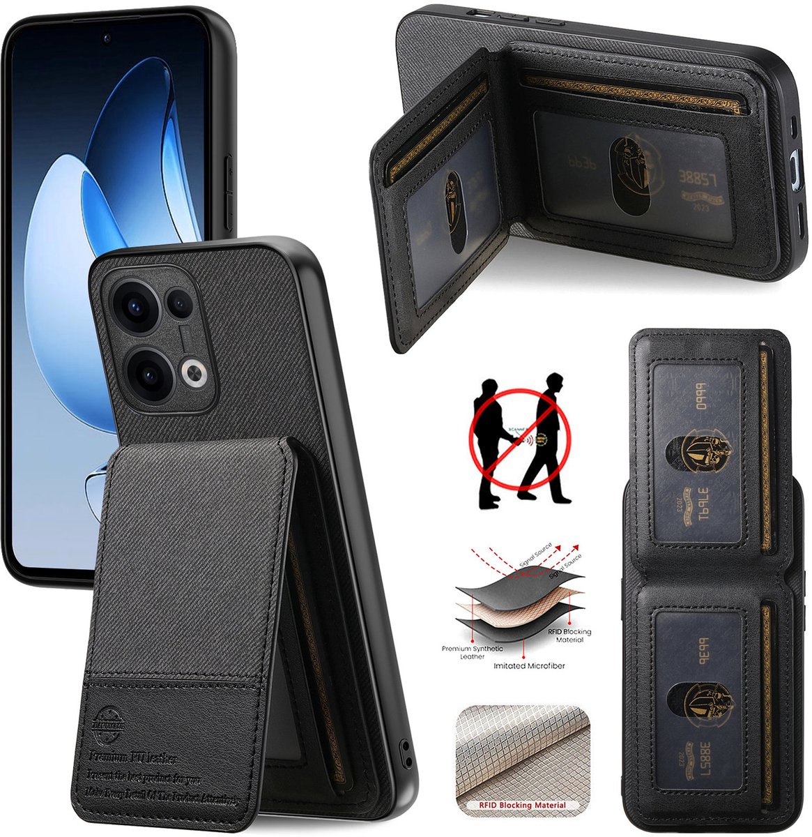 Luxe Backcover met Anti-RFID Kaarthouder en Standaardfunctie voor OPPO Reno13 _ Zwart