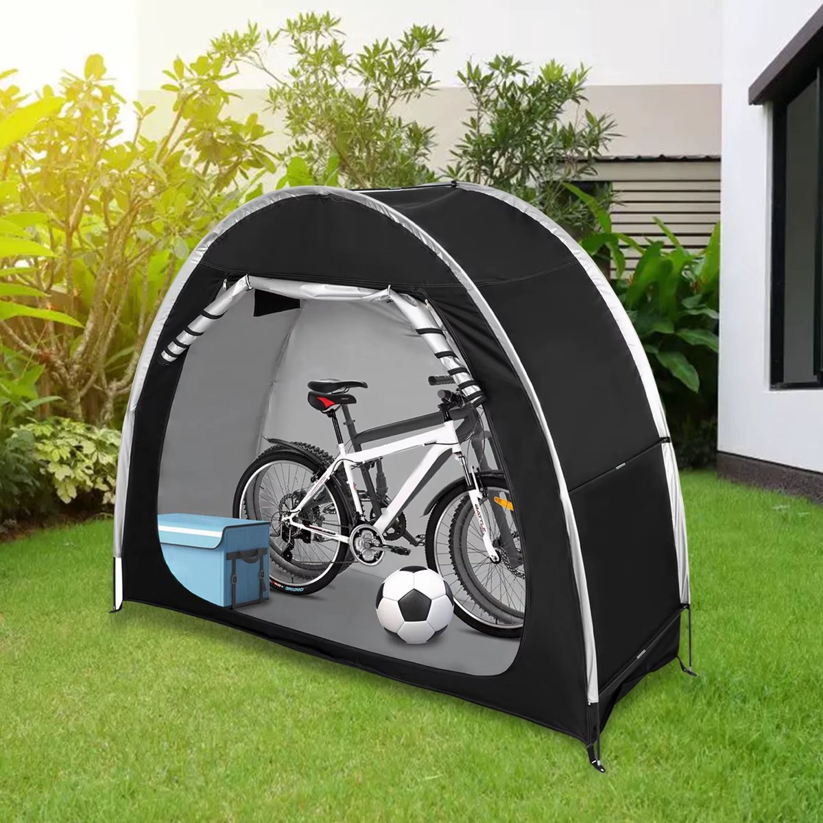 Fietstent - 200 x 80 x 165 cm - Zwart - Zilvergecoat Doek - Voor Maximaal 2 Fietsen - Met Opbergtas