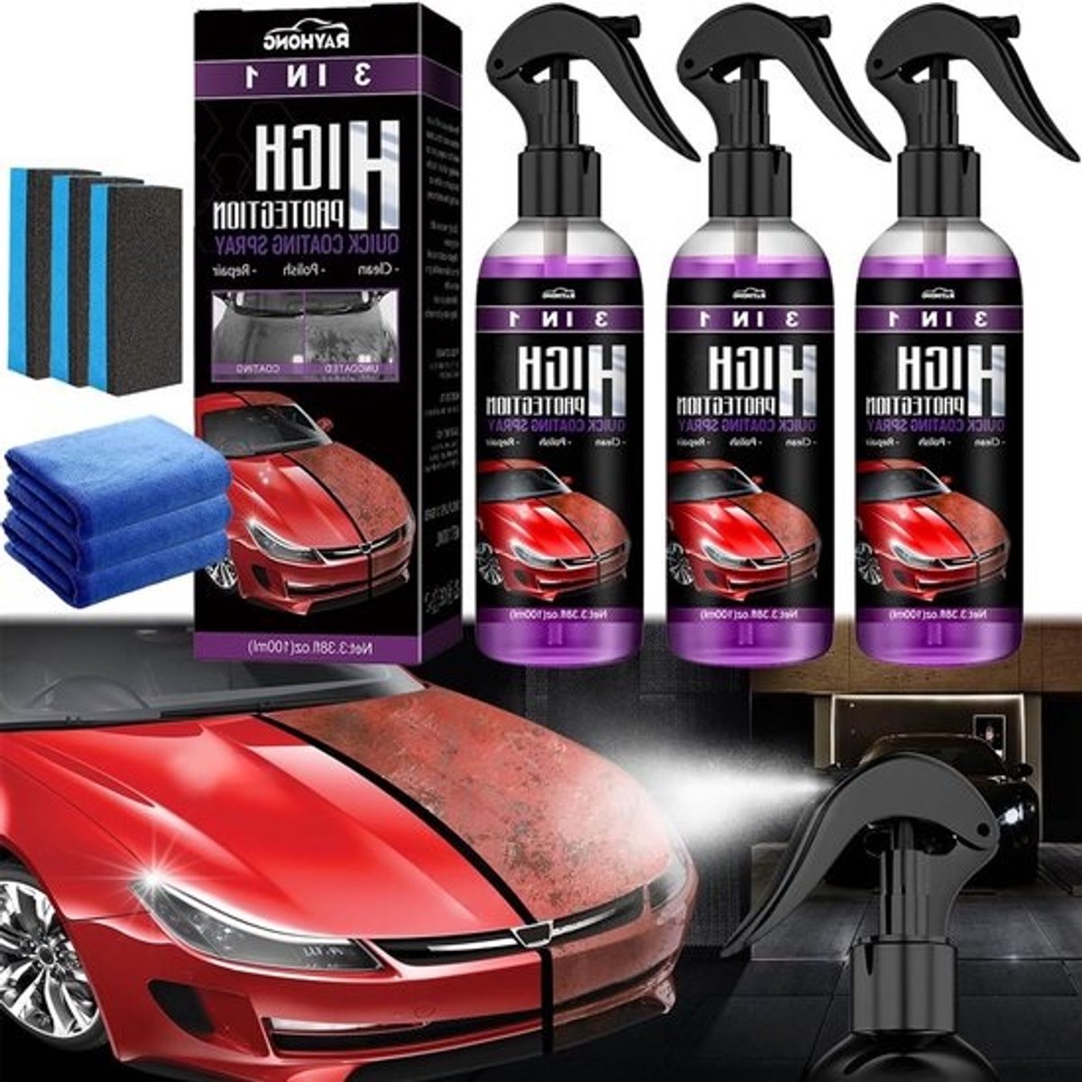 3-in-1 spray met hoge bescherming - nano-keramische coating voor auto en carrosserie - voor renovatie, polijsten, onderhoud en herstel (verpakking van 3)