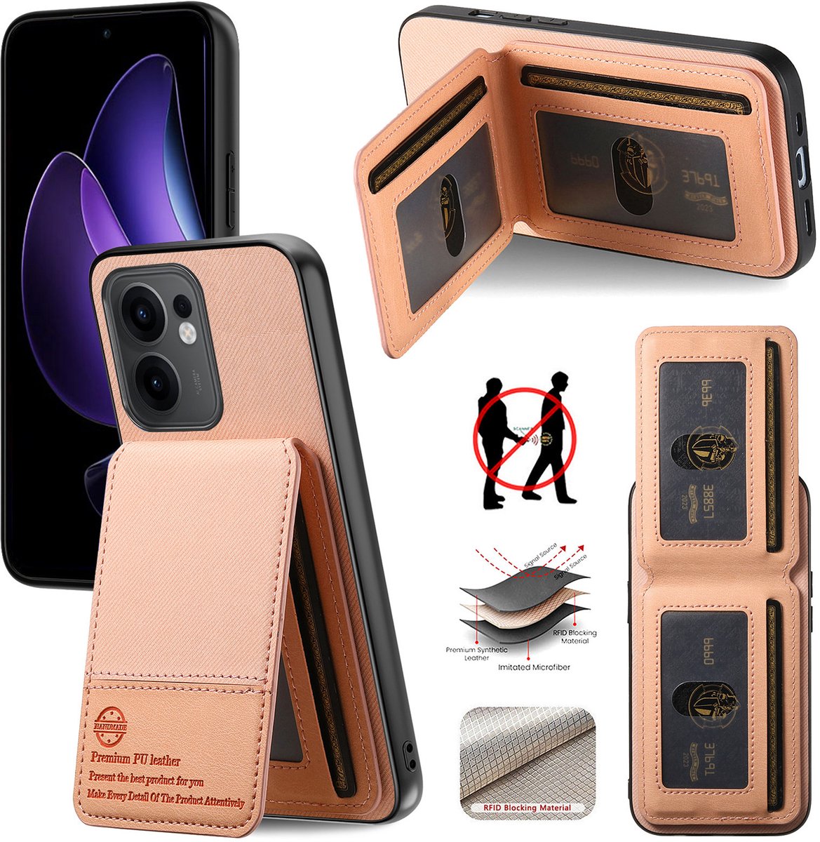 Luxe Backcover met Anti-RFID Kaarthouder en Standaardfunctie voor OPPO Reno13 F / Reno13 FS _ Roze