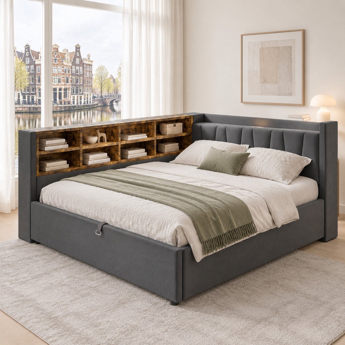 WUVRIE Gestoffeerd bed 140x200 cm met hydraulische opbergruimte, nachtlicht en USB- en Type-C-aansluitingen, donkergrijs