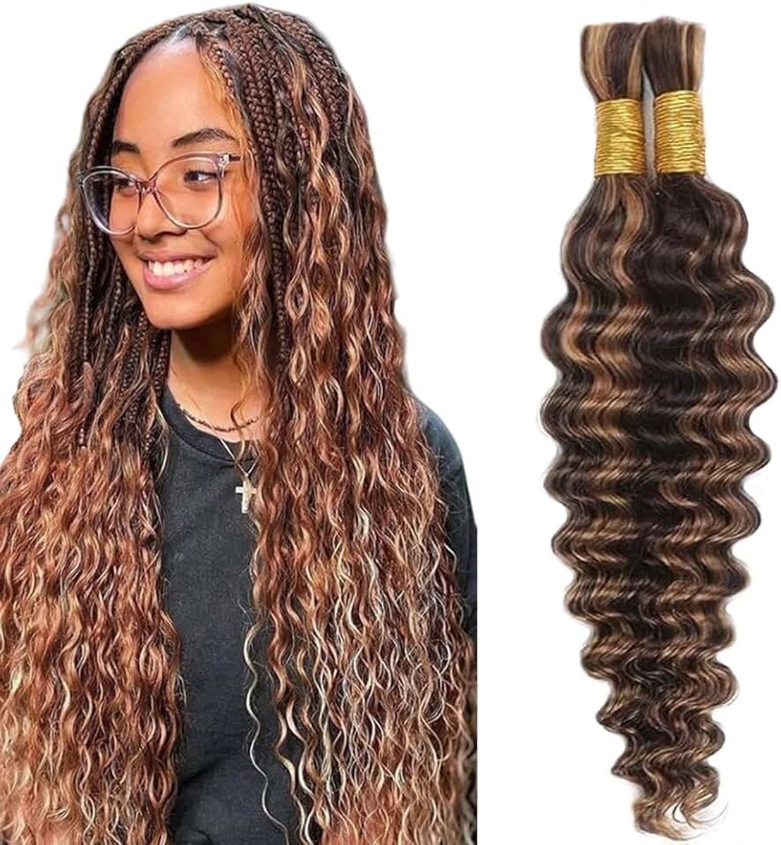 Braiding Hair for Boho Braids P430 Highlight Brown Color Deep Wave Verlenging Van Menselijk Haar Bulk Human Hair Knotless 50g Per Bundle Totaling 100g 16 16 Inch