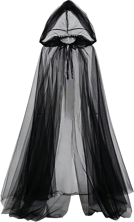 Zwarte, doorzichtige cape met capuchon en strik. Lang en wijdvallend.
