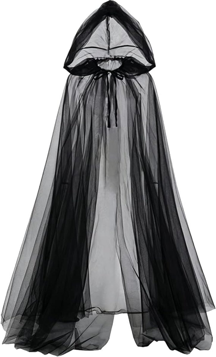 Halloween Cape - Doorzichtige Cape met Capuchon voor Heks of Spook - Cosplay en Halloween Kostuum - Lengte 190 cm - Zwarte Kleur