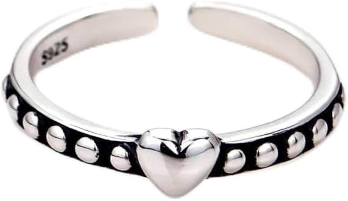 Zilver - dames 925 sterling zilveren ring - design hart ring (kleur: witgoud verguld) zwart - geoxideerd