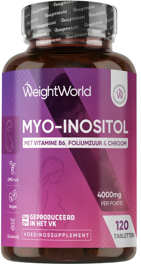 Pot WeightWorld Myo-Inositol met vitamine B6, foliumzuur en chroom, 120 veganistische tabletten.