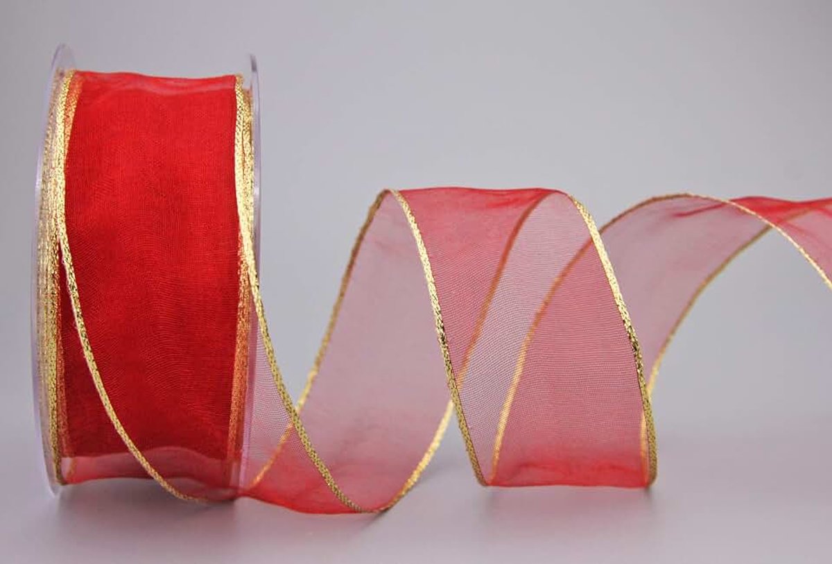 Decoratielint ROOD/goud 20 m x 40 mm (rol) chiffonlint organza met gouden rand transparant cadeaulint draadrandband lint elegant feestelijk kerstlint