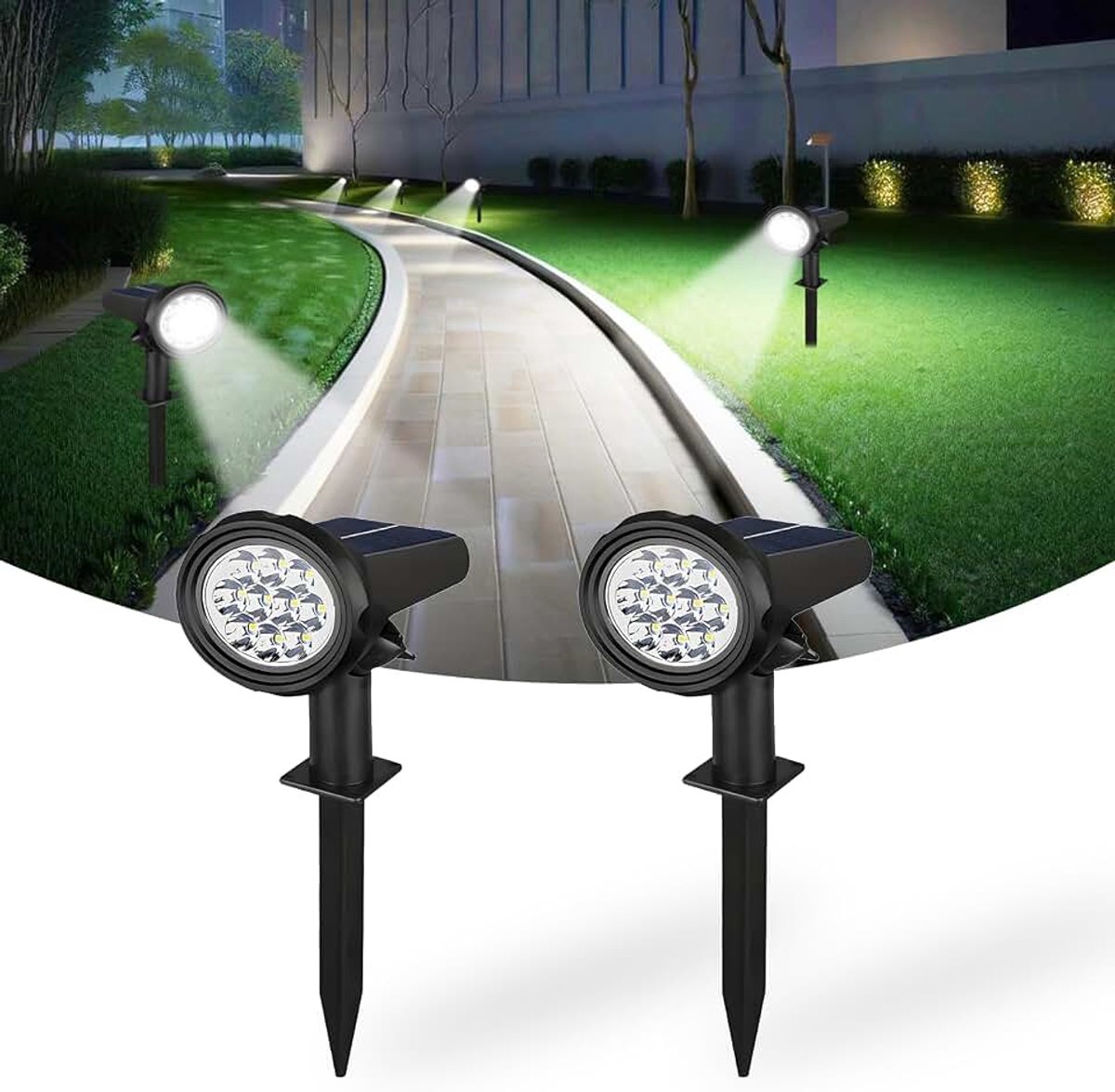 Spot-verlichting op zonne-energie, voor buiten, witte led-schijnwerper, IP65 waterdicht, tuin, binnenplaats, pad, oprit, garage, hek, trottoir, voorveranda, patio, verpakking van 2 stuks